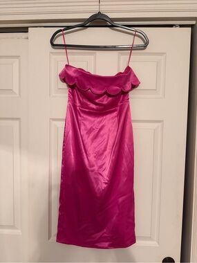 Hot Pink Satin Midi Dress with Scalloped Neckline